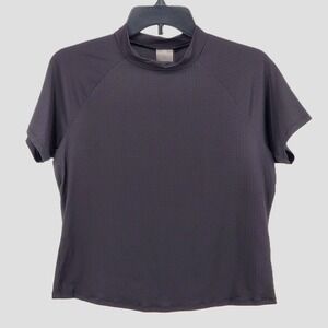 Calia Ruched Rash Guard Womens Large Mock Neck Short Sleeve‎ Top Black UPF 50+